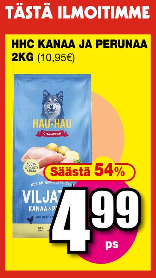 Finnish sale poster advertising hau-hau dog food with 54% off and price 4. 99€ or 4. 99. | säästötalo latvala